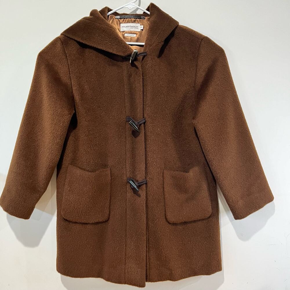 HILARY RADLEY Wool Coat Womens Size 12 Brown Hooded Toggle Button Lined Pockets